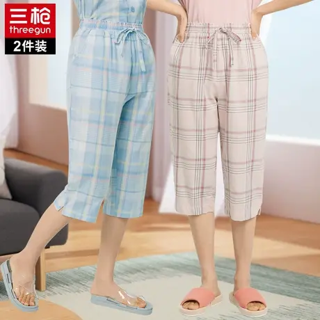 三枪2023新款女士可外穿纯棉睡裤薄款休闲七分裤格子家居裤 2件装商品大图