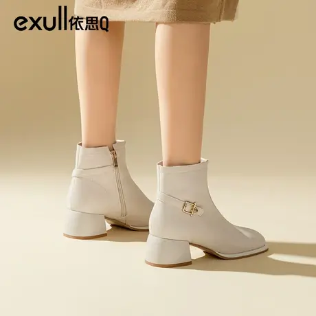 依思q低筒小短靴及踝靴2023年新款秋冬女鞋米色皮质短靴女瘦瘦靴商品大图