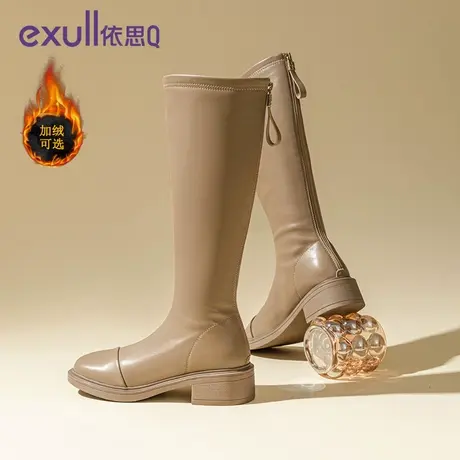 依思Q加绒圆头女靴2023年秋冬季长筒骑士靴粗跟休闲风女士时装靴图片