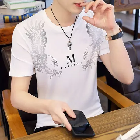 短袖T恤男圆领夏季潮牌潮流百搭上衣服白色韩版修身冰丝半袖体恤商品大图