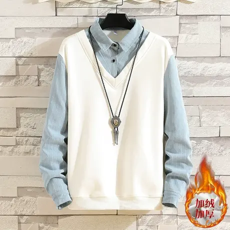 假两件长袖T恤男丅恤带领秋装衬衫领加绒加厚打底衫休闲卫衣上衣商品大图