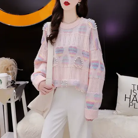 甜美日系小清新毛衣女2023新款早秋季洋气减龄宽松慵懒风针织上衣商品大图