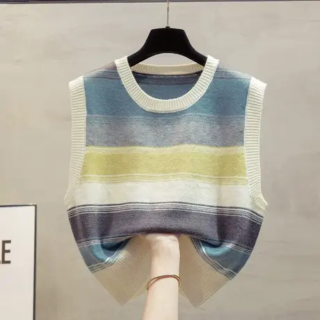 条纹圆领针织马甲背心女2023秋装新款宽松外穿上衣叠穿毛衣坎肩潮商品大图