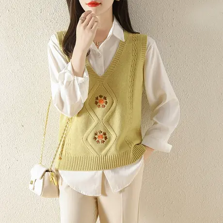 复古V领背心针织马甲女士秋装2023新款宽松毛衣马夹无袖上衣刺绣图片