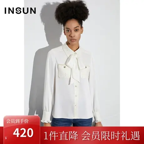 恩裳COVER2023年春款新款缎面仿醋酸锻拼接小香风可拆卸飘带衬衫图片