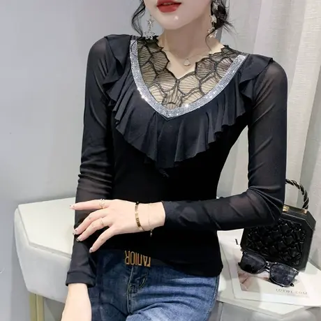 气质荷叶边打底衫女长袖春秋2023新款网纱T恤设计感重工烫钻上衣商品大图
