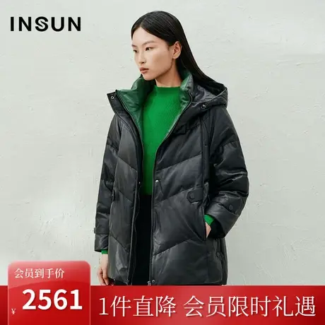 恩裳2023秋季新款柔软绵羊皮白鸭绒休闲宽松羽绒服女黑色商品大图