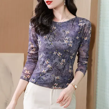 复古印花妈妈装早秋时尚网纱打底衫女长袖气质修身雪纺上衣设计感商品大图