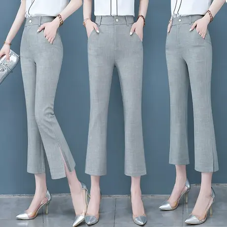 棉麻开叉微喇裤女夏八分薄款小个子高腰修身西裤修身喇叭裤子时尚图片