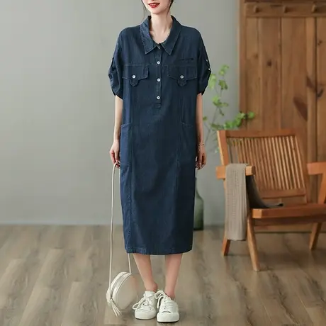 dza复古全棉牛仔连衣裙女2023夏季短袖连体衣休闲宽松中长裙A字裙图片