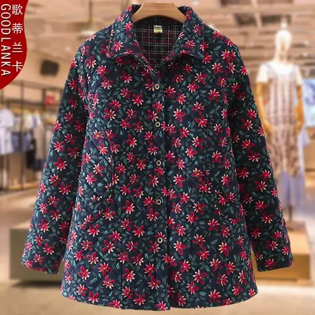 中老年妈妈夹棉碎花小棉袄加肥加大码宽松复古妈妈装秋冬棉服外套商品大图