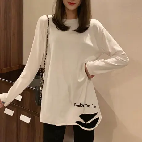 加绒加厚打底衫秋冬洋气叠穿内搭白色长袖上衣女潮宽松中长款t恤商品大图