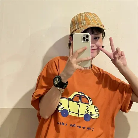红续小汽车印花短袖女2023新款韩版休闲复古卡通纯棉半袖T恤ins潮图片