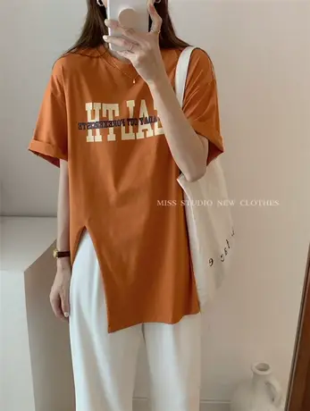 短袖t恤女2021夏季新款韩版ins潮开叉宽松显瘦气质学院风百搭上衣图片