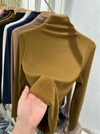 螺纹针织半高领打底衫女加厚磨毛长袖T恤2022秋冬新款内搭上衣潮图片