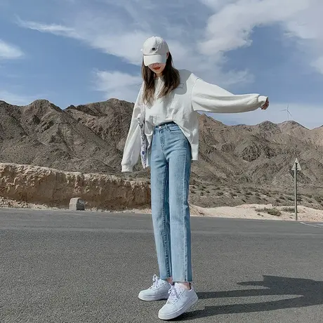 浅蓝色高腰直筒牛仔裤女春秋2023春季新款显瘦小个子九分烟管女裤商品大图