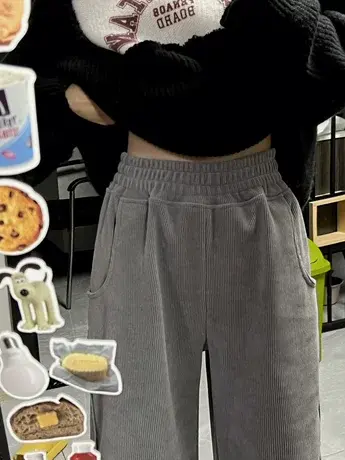 秋冬加厚灯芯绒裤子女宽松显瘦直筒裤休闲复古港风chic运动阔腿裤图片