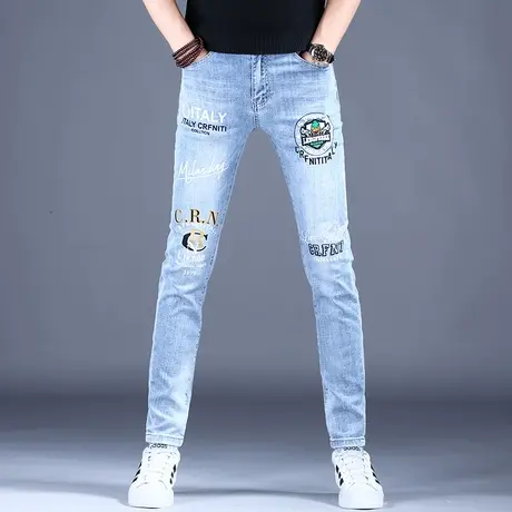 男士高端印花弹力牛仔裤男款修身小脚裤子男2023新款春秋弹力潮牌图片