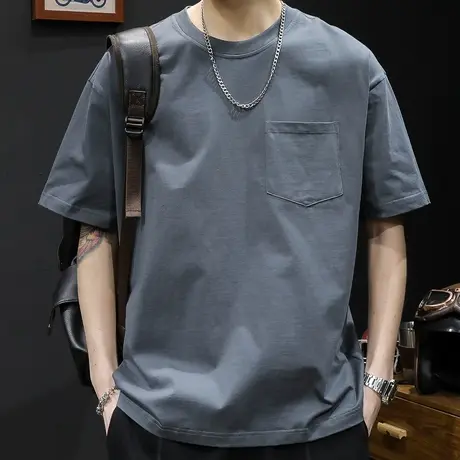 重磅短袖t恤男夏季潮牌2023新款宽松加肥加大码男士美式口袋体恤商品大图