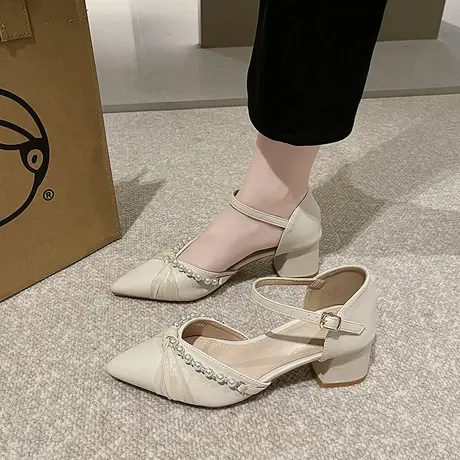仙女一字扣带粗跟包头凉鞋女2023夏季尖头珍珠法式气质配裙高跟鞋商品大图