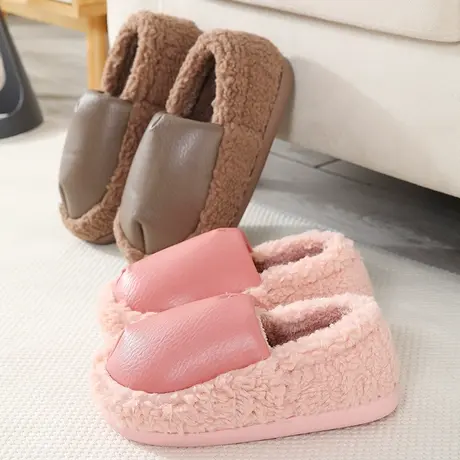 皮面棉拖鞋女包跟冬情侣冬季保暖室内家用家居防滑秋冬防水男皮拖商品大图