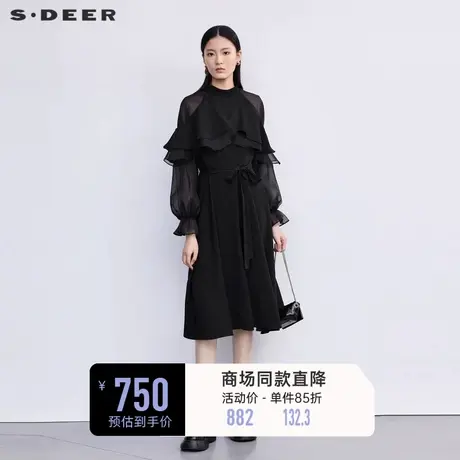 sdeer圣迪奥女装圆领网纱收腰不规则长袖连衣裙S223Z128U图片
