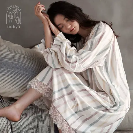 妮狄娅睡衣睡裙女春秋长袖纯棉大码私房中长款薄款空调房夏家居服图片