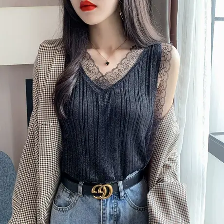 黑色吊带背心女夏外穿潮ins无袖蕾丝上衣打底内搭设计感网红日系商品大图