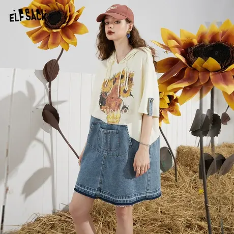 妖精的口袋拼接牛仔连衣裙女2023夏季新款印花显瘦宽松卫衣裙子潮图片