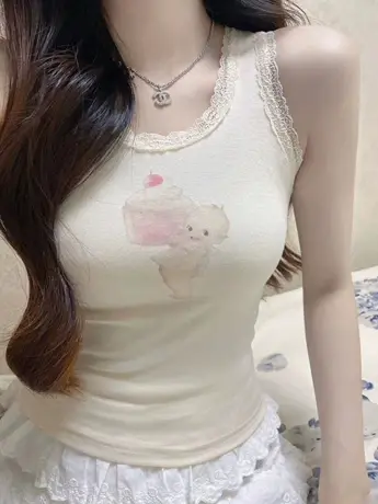 蛋糕小天使蕾丝边吊带背心女内搭设计感无袖t恤女夏季纯欲上衣服图片