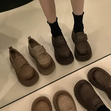 乐福鞋女款新款2024年春秋季厚底增高单鞋高级感魔术贴英伦小皮鞋图片