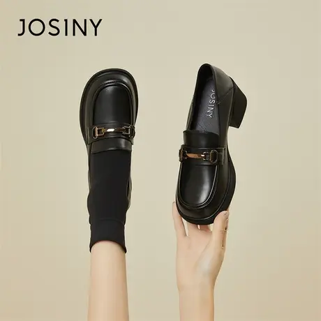 Josiny/卓诗尼一脚蹬乐福鞋女2024年新款春季英伦风黑色粗跟单鞋商品大图