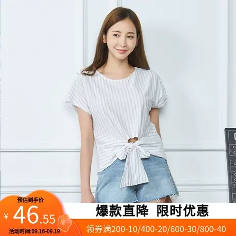 艾格夏季女装时尚百搭休闲宽松系带舒适条纹圆领短袖T恤Z11商品大图