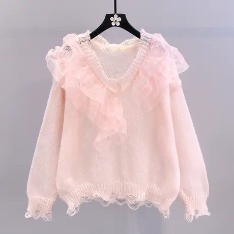 日系甜美荷叶边蕾丝V领套头毛衣女2023年早秋新款宽松薄款针织衫图片