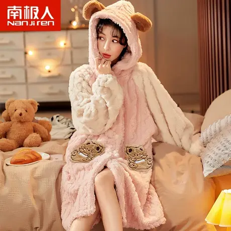 南极人睡衣女秋冬季珊瑚绒加厚加绒家居服法兰绒长款睡袍单件上衣图片