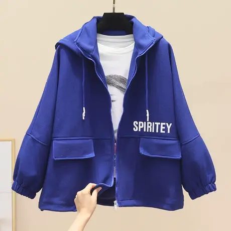 欧洲站2023春秋新款外套女长袖字母印花时尚宽松短款连帽拉链上衣图片