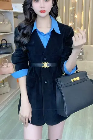 春装轻熟风翻领长袖排扣外衣宽松腰带灯芯绒假两件通勤西装外套女商品大图