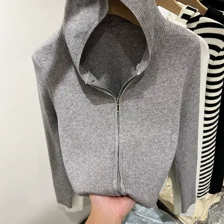 设计感双拉链长袖针织衫开衫女连帽衫卫衣2023秋新款毛衣外套上衣图片