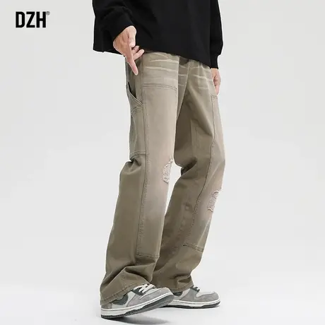 男士微喇叭美式牛仔裤男高街ins潮破洞裤宽松直筒休闲裤2023新款商品大图