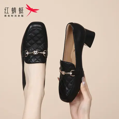 红蜻蜓女鞋春季粗跟懒人一脚蹬高跟鞋乐福鞋女羊皮小皮鞋夏季新款商品大图