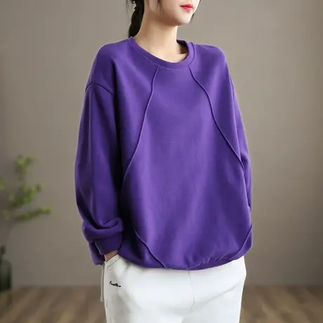 dza 圆领套头卫衣女士秋季新款2021紫色百搭上衣宽松女装短款外套图片