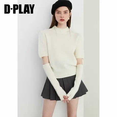 DPLAY2025春季白色法式风圆领羊毛衫毛衣可卸袖套针织衫上衣女商品大图