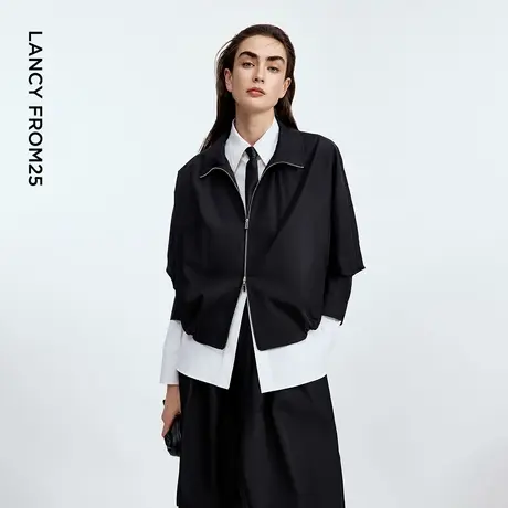 朗姿黑色缎面夹克外套设计感别致短款宽松百搭上衣2025年秋季新款图片