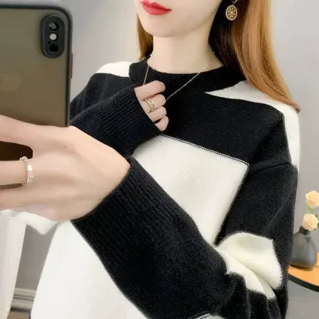 不规则拼色女士毛衣春秋冬厚2023新款套头洋气内搭针织打底衫上衣商品大图