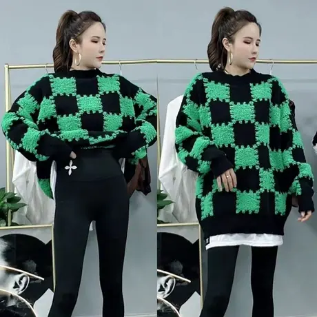 2023秋季新款植绒圆领套头棋盘格假两件毛衣女时尚百搭拼接上衣潮图片