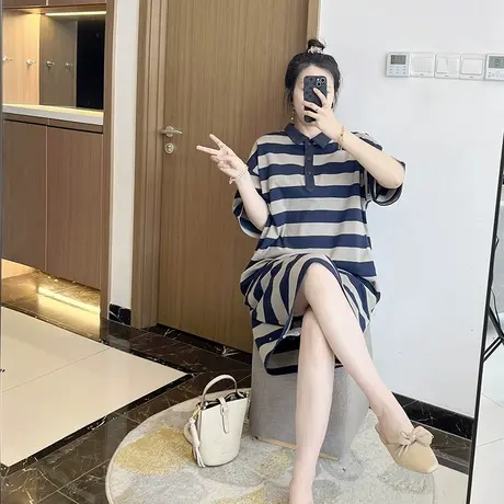 条纹针织polo领黑白大码胖mm裙子连衣裙直筒2025年夏季新款女装潮图片