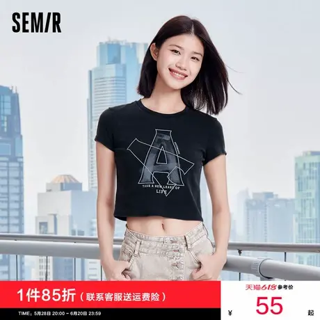 [商场同款]森马短袖T恤女短款高腰修身美式2025新款复古做旧夏装图片