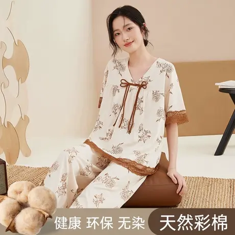 顶瓜瓜蝴蝶结植物花卉女士家居顶呱呱套头V领年轮说女士短袖套装商品大图