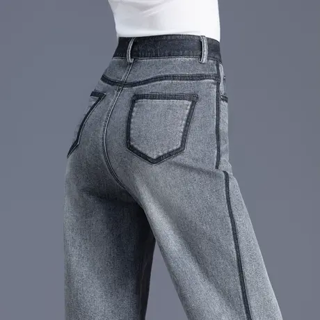 黑灰色裤子女士牛仔裤女2023年新款秋冬季加绒小个子直筒裤阔腿裤商品大图