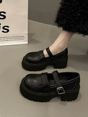 增高玛丽珍单鞋女2023秋冬季新款学院风复古厚底粗高跟jk小皮鞋子商品大图